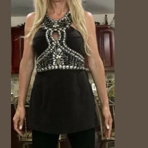 BOSTON PROPER BEADED KEY HOLE STRETCH BLOUSE SZ M